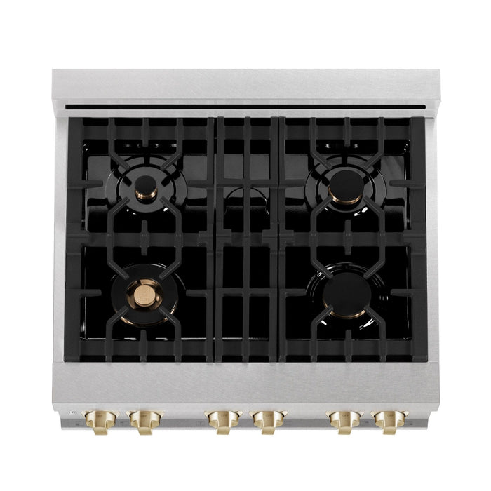 ZLINE 30" Autograph Dual Fuel Range, DuraSnow Stainless, Gold, RASZ - SN - 30 - G - Farmhouse Kitchen and Bath