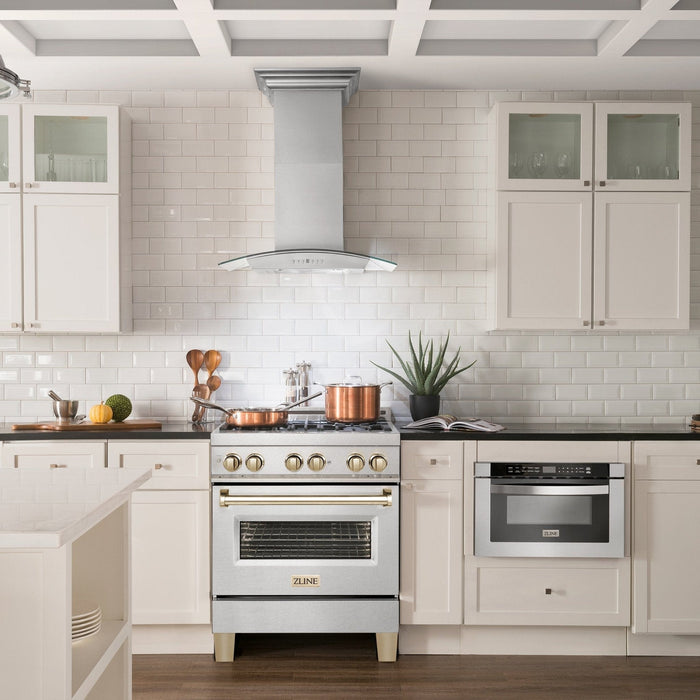 ZLINE 30" Autograph Dual Fuel Range, DuraSnow Stainless, Gold, RASZ - SN - 30 - G - Farmhouse Kitchen and Bath