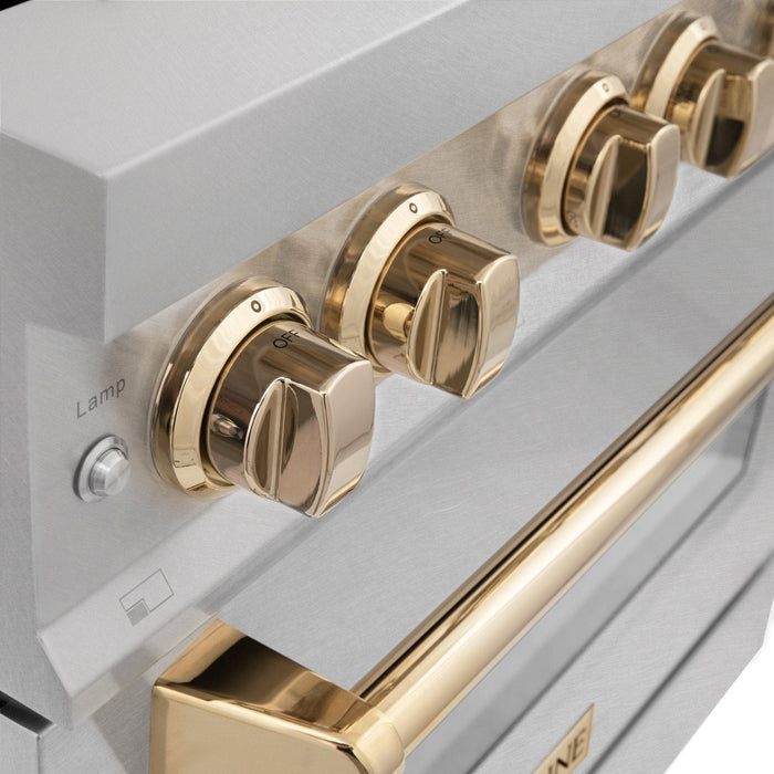 ZLINE 30" Autograph Dual Fuel Range, DuraSnow Stainless, Gold, RASZ - SN - 30 - G - Farmhouse Kitchen and Bath