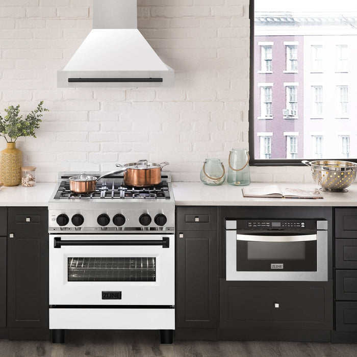 ZLINE 30" Autograph Stainless Wall Range Hood, White, 8654STZ - WM30 - MB - Farmhouse Kitchen and Bath