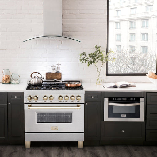ZLINE 36" Autograph Dual Fuel Range, DuraSnow,Champagne, RASZ - SN - 36 - CB - Farmhouse Kitchen and Bath