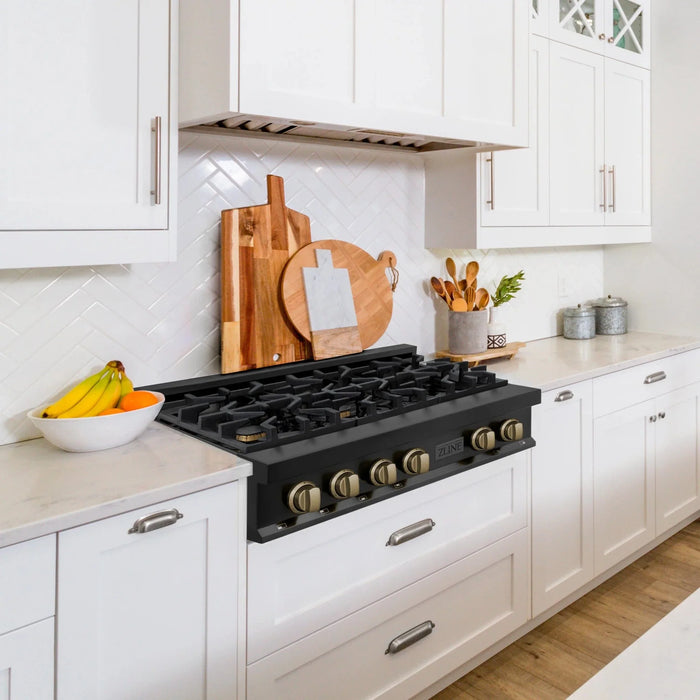 ZLINE 36" Autograph Rangetop, Black Stainless, Gold Accents, RTBZ - 36 - CB - Farmhouse Kitchen and Bath