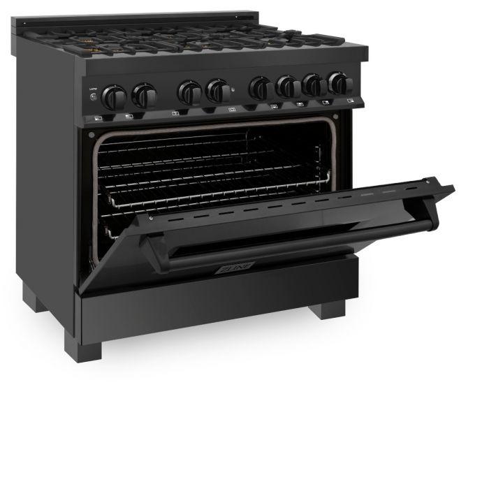 ZLINE 36" Black Stainless, Gas Burner/Electric Oven, Brass Burners, RAB - BR - 36 - Farmhouse Kitchen and Bath
