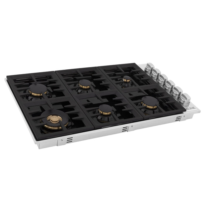ZLINE 36" Gas Cooktop with 6 Gas Brass Burners and Black Porcelain Top RC - BR - 36 - PBT - Farmhouse Kitchen and Bath