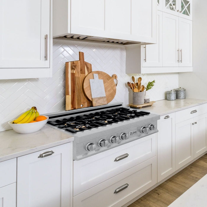 ZLINE 36" Porcelain Rangetop, DuraSnow®, 6 Brass Burners, RTS - BR - 36 - Farmhouse Kitchen and Bath