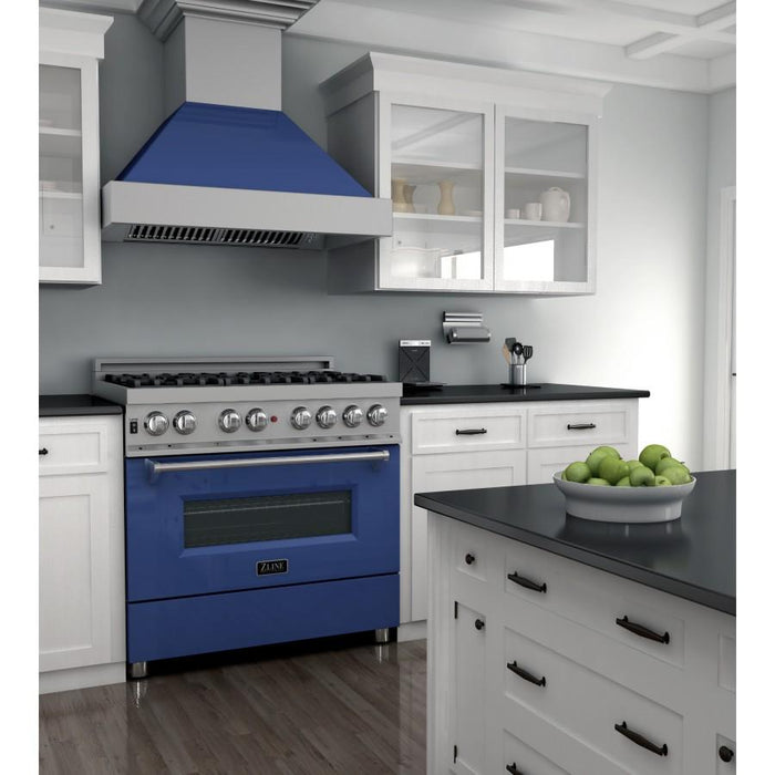 ZLINE 36" Professional Dual Fuel Range in Snow Stainless, Blue Gloss Door, RAS - BG - 36 - Farmhouse Kitchen and Bath