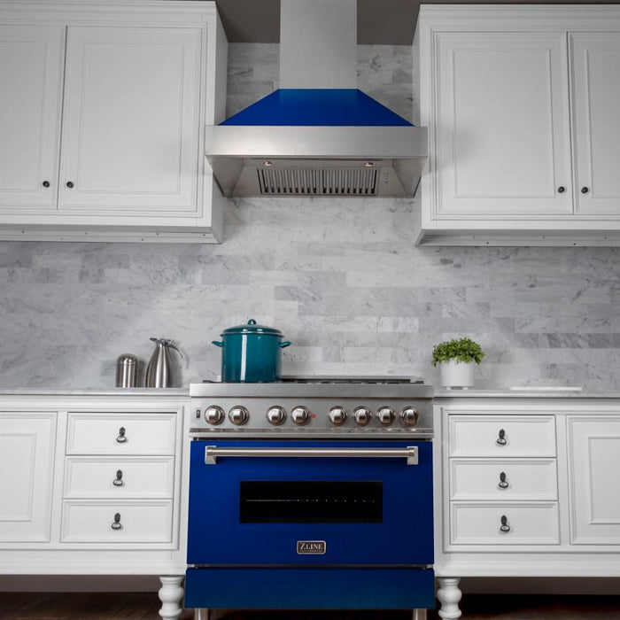 ZLINE 36" Professional Dual Fuel Range in Snow Stainless, Blue Gloss Door, RAS - BG - 36 - Farmhouse Kitchen and Bath