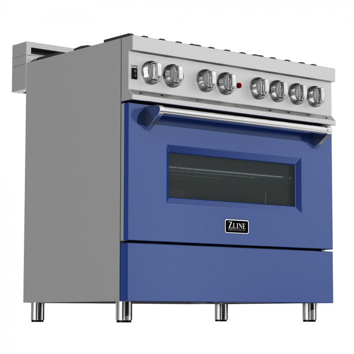 ZLINE 36" Professional Dual Fuel Range, Snow Stainless, Blue Matte Door, RAS - BM - 36 - Farmhouse Kitchen and Bath