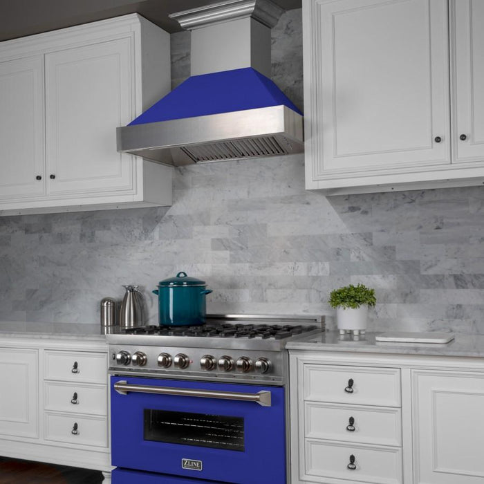 ZLINE 36" Professional Dual Fuel Range, Snow Stainless, Blue Matte Door, RAS - BM - 36 - Farmhouse Kitchen and Bath