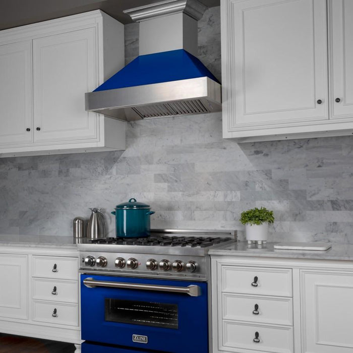 ZLINE 36" Snow Finish Wall Range Hood, Blue Gloss Shell, 8654BG - 36 - Farmhouse Kitchen and Bath