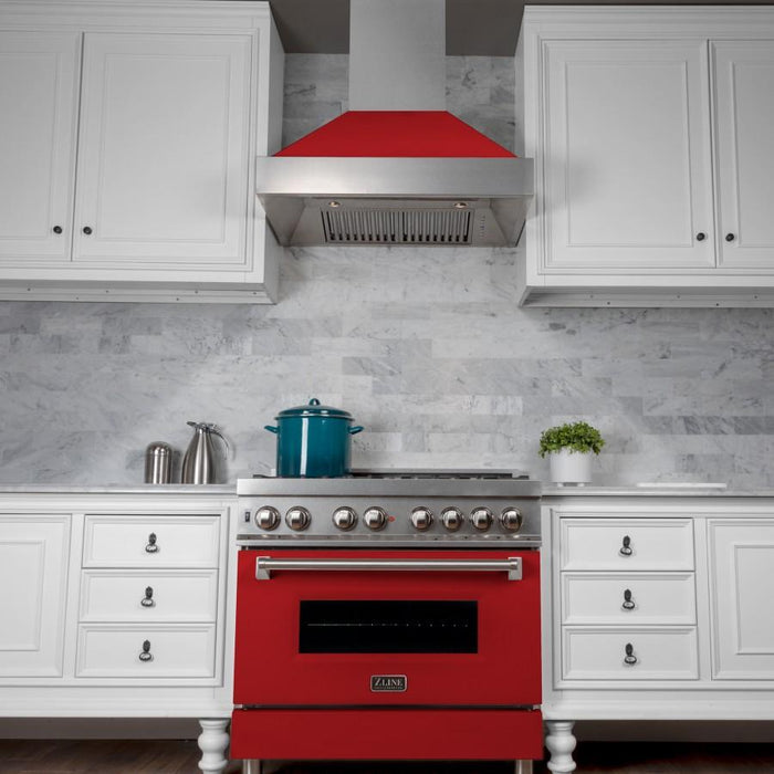 ZLINE 36" Snow Finish Wall Range Hood, Red Matte Shell, 8654RM - 36 - Farmhouse Kitchen and Bath