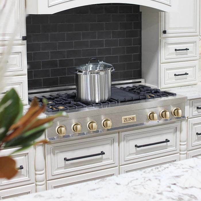 ZLINE 48" Autograph Edition, Rangetop, DuraSnow, Gold Accent, RTSZ - 48 - G - Farmhouse Kitchen and Bath