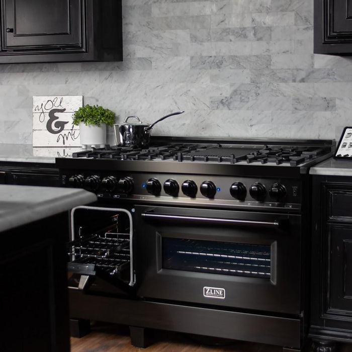 ZLINE 48" Black Stainless, Gas Burner, Electric Oven Range, RAB - 48 - Farmhouse Kitchen and Bath