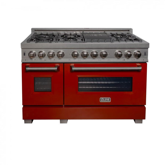 ZLINE 48" Dual Fuel Range in Snow Stainless, Red Gloss Door, RAS - RG - 48 - Farmhouse Kitchen and Bath