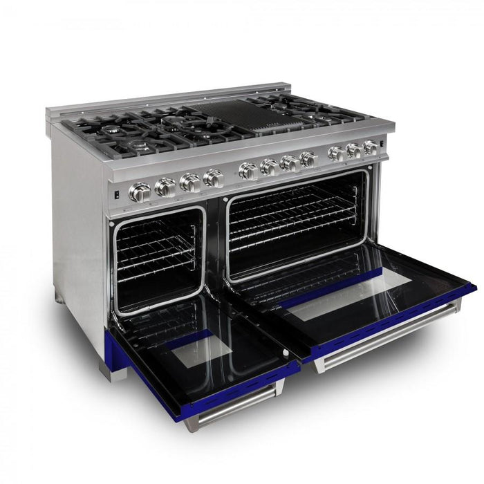 ZLINE 48" Dual Fuel Range Snow Stainless, Blue Matte Door, RAS - BM - 48 - Farmhouse Kitchen and Bath