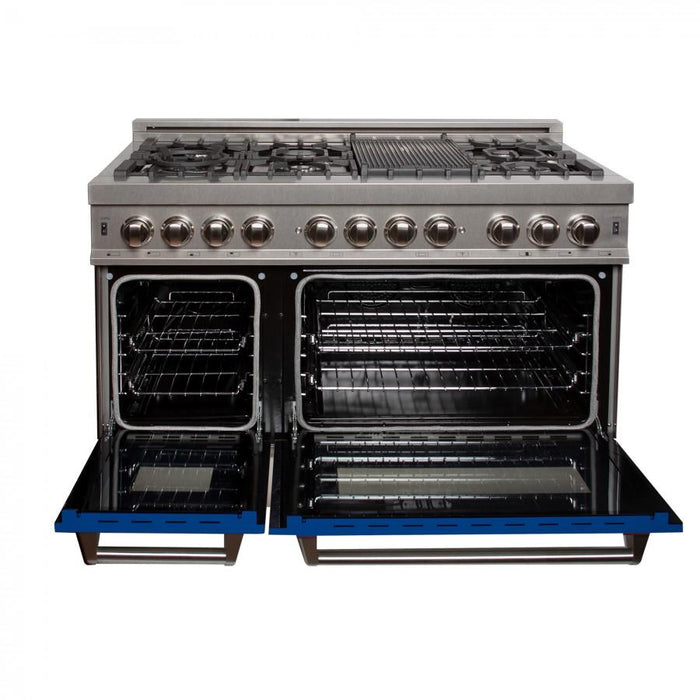 ZLINE 48" Dual Fuel Range Snow Stainless, Blue Matte Door, RAS - BM - 48 - Farmhouse Kitchen and Bath