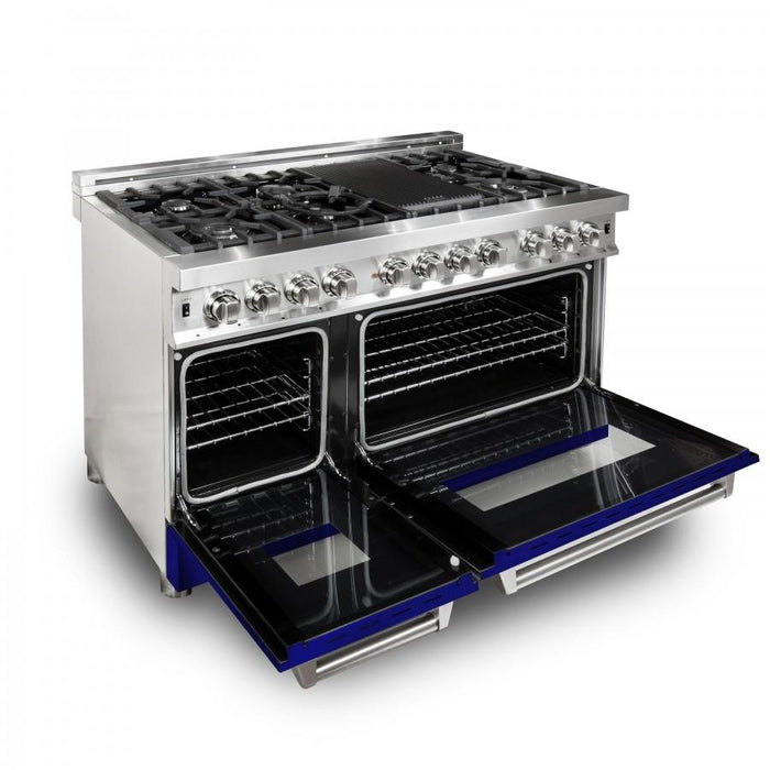 ZLINE 48" Professional Dual Fuel Range with Blue Gloss Door, RA - BG - 48 - Farmhouse Kitchen and Bath