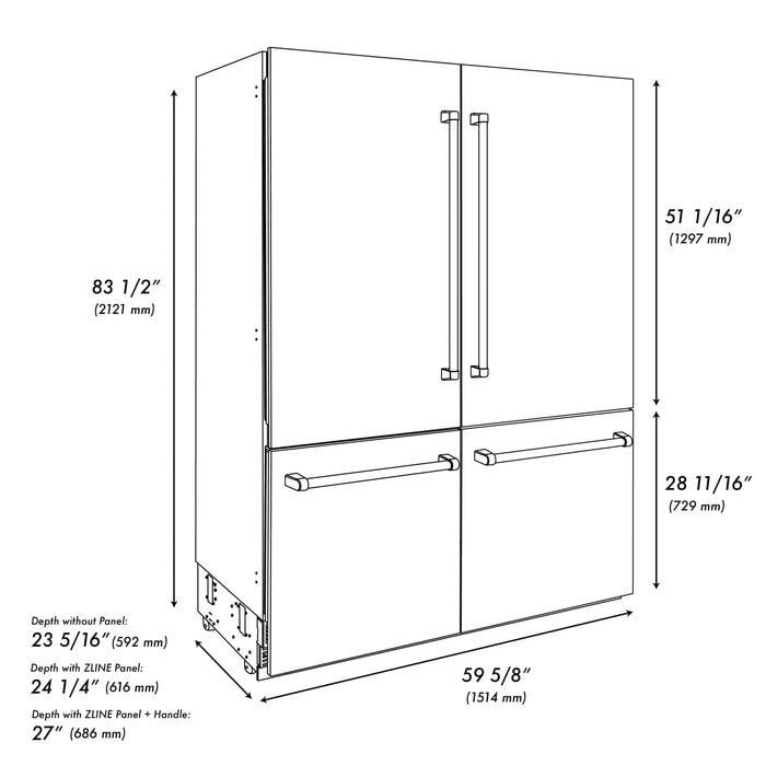 ZLINE 60" Autograph Edition French Door Refrigerator, Internal Water, Ice Dispenser, White Matte, Champagne Bronze Accents RBIVZ - WM - 60 - CB - Farmhouse Kitchen and Bath