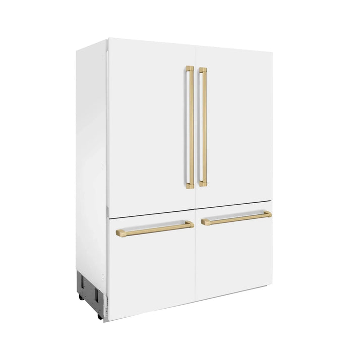 ZLINE 60" Autograph Edition French Door Refrigerator, Internal Water, Ice Dispenser, White Matte, Champagne Bronze Accents RBIVZ - WM - 60 - CB - Farmhouse Kitchen and Bath
