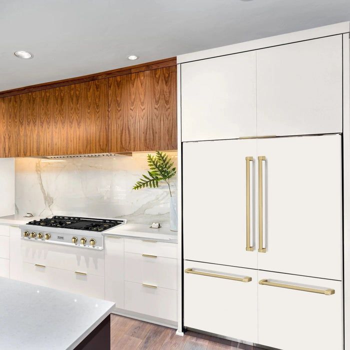 ZLINE 60" Autograph Edition French Door Refrigerator, Internal Water, Ice Dispenser, White Matte, Champagne Bronze Accents RBIVZ - WM - 60 - CB - Farmhouse Kitchen and Bath