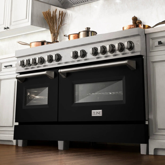 ZLINE 60" Dual Fuel Range Snow Stainless, Black Matte Door, RAS - BLM - 60 - Farmhouse Kitchen and Bath