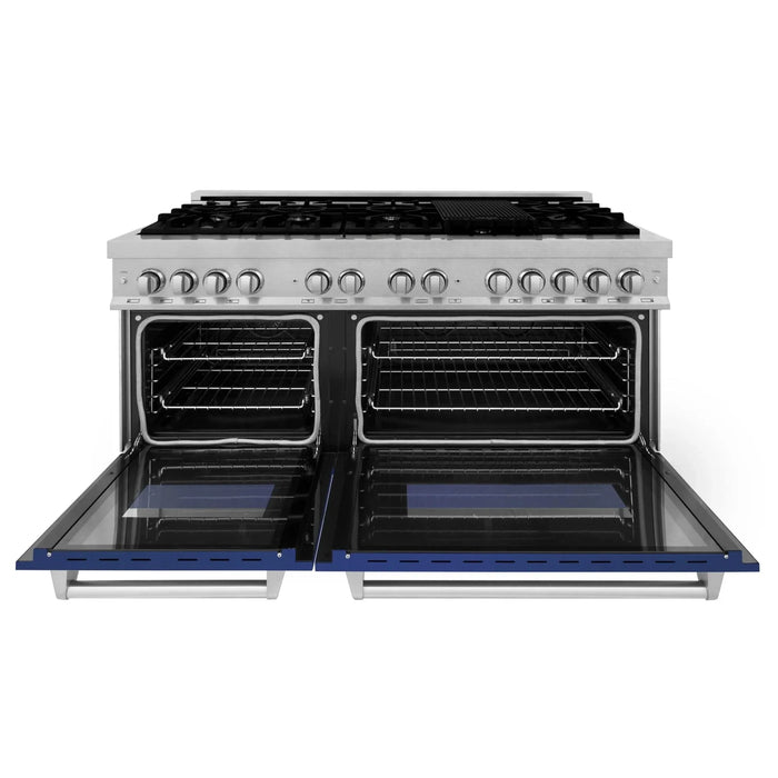 ZLINE 60" Dual Fuel Range Snow Stainless, Blue Matte Door, RAS - BM - 60 - Farmhouse Kitchen and Bath