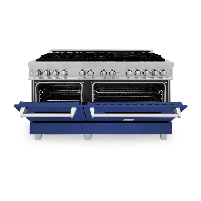ZLINE 60" Dual Fuel Range Snow Stainless, Blue Matte Door, RAS - BM - 60 - Farmhouse Kitchen and Bath