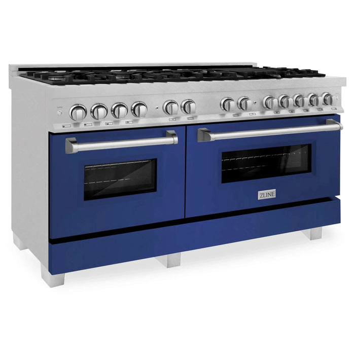 ZLINE 60" Dual Fuel Range Snow Stainless, Blue Matte Door, RAS - BM - 60 - Farmhouse Kitchen and Bath