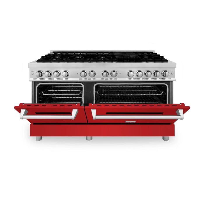 ZLINE 60" Professional Dual Fuel Range with Red Matte Door, RA - RM - 60 - Farmhouse Kitchen and Bath