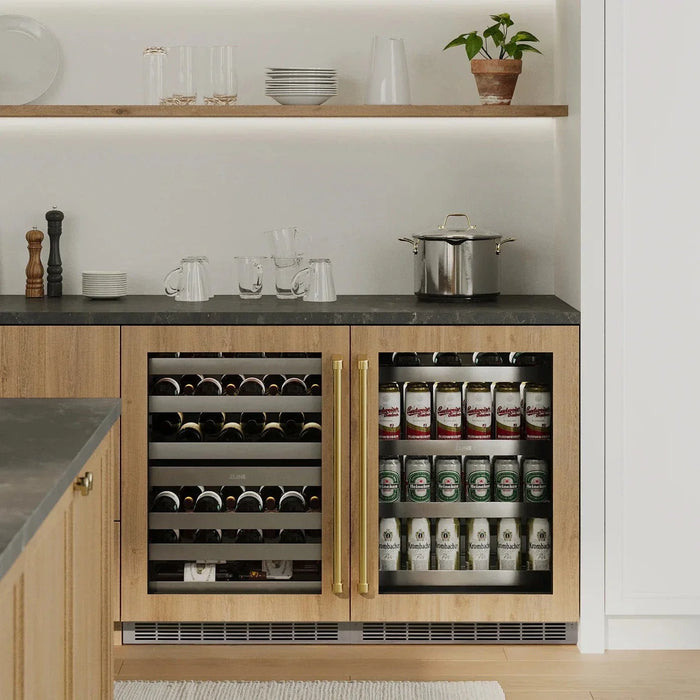 ZLINE Autograph 24 in. Dual Zone 44 Bottle Wine Cooler With Panel Ready Glass Door And Champagne Bronze Handle RWDPOZ - 24 - CB - Farmhouse Kitchen and Bath