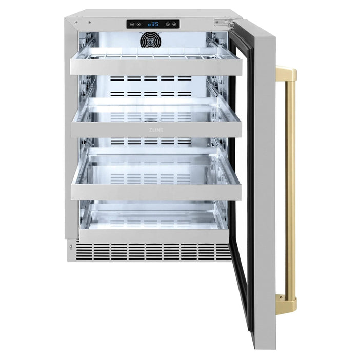 ZLINE Autograph Edition 24 in. Touchstone 151 Can Beverage Fridge With Stainless Steel Glass Door And Champagne Bronze Handle RBSOZ - GS - 24 - CB - Farmhouse Kitchen and Bath