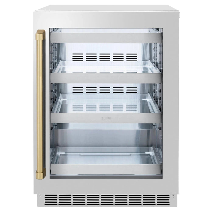 ZLINE Autograph Edition 24 in. Touchstone 151 Can Beverage Fridge With Stainless Steel Glass Door And Champagne Bronze Handle RBSOZ - GS - 24 - CB - Farmhouse Kitchen and Bath