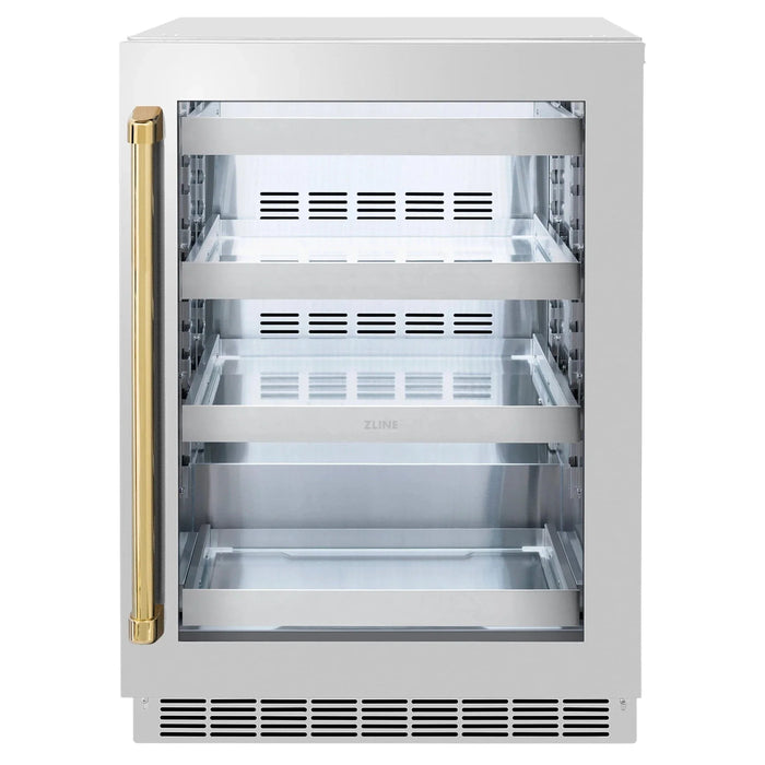 ZLINE Autograph Edition 24 in. Touchstone 151 Can Beverage Fridge With Stainless Steel Glass Door And Polished Gold Handle RBSOZ - GS - 24 - G - Farmhouse Kitchen and Bath