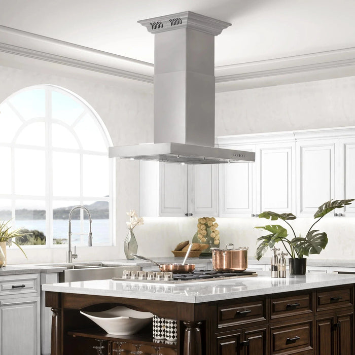 Zline Island Mount Range Hood in Stainless Steel with Built - in ZLINE CrownSound™ Bluetooth Speakers KE2iCRN - BT - 36 - Farmhouse Kitchen and Bath